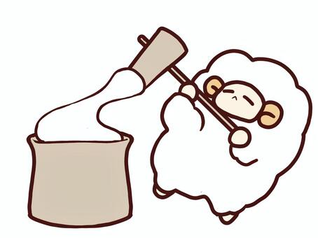 餅つきをするひつじ 羊,動物,手描き,餅つき,行事,かわいい,ほのぼの,ゆるい,干支,未のイラスト素材