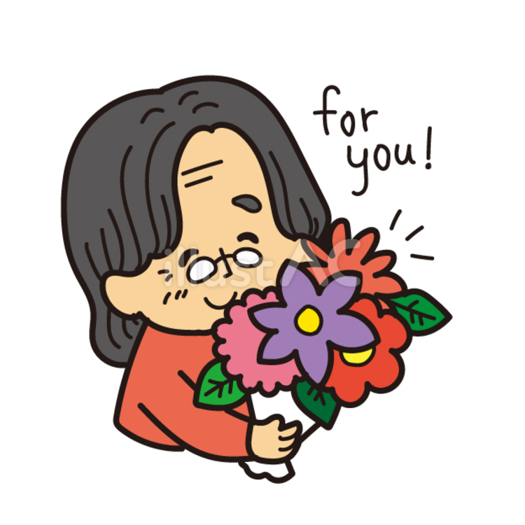 花束を持つおばあちゃん 敬老の日,おばあちゃん,高齢者のイラスト素材