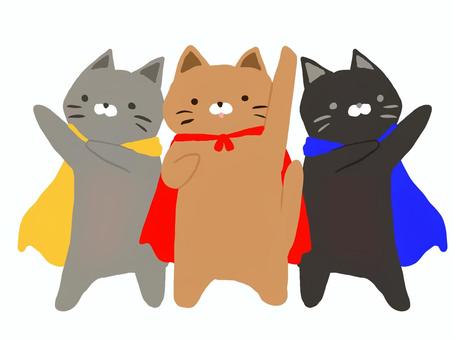 猫のヒーロー ヒーロー,猫,マント,茶トラ,黒猫,灰猫,赤,青,黄のイラスト素材