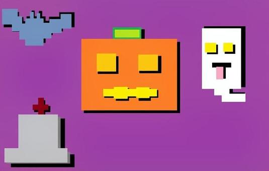 なんか四角いハロウィン ドット絵,四角,ゴースト,コウモリ,レトロのイラスト素材
