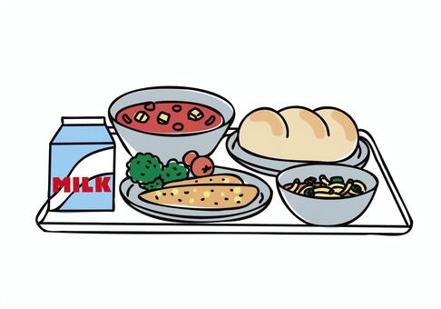 給食 給食,学校,小学校,中学校,パン,スープ,おかず,サラダ,牛乳,食器のイラスト素材