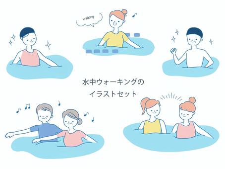 水中ウォーキングのイラストセット プール,水泳,ウォーキング,スクール,水着,大人,健康,習い事,スポーツ,手書きのイラスト素材