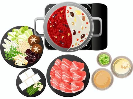 火鍋 火鍋,鍋物,中華料理,料理,食べ物,冬,肉,キャベツ,しいたけ,キクラゲのイラスト素材