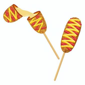 チーズハットグ チーズハットグ 韓国,チーズハットグ,外国,アジア圏,串,チーズ,衣,ソース,ケチャップ,マスタードのイラスト素材