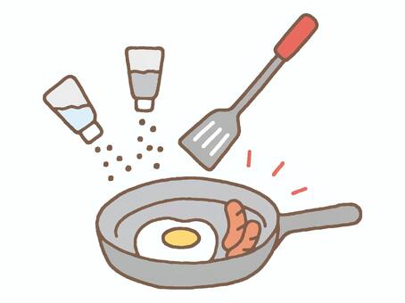 Illustration, fried egg, wiener, frying pan, 