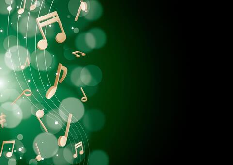 流れる音符と幻想的な緑色の光の背景素材 音楽,音符,記号,楽譜,曲線,光,玉ボケ,パーティクル,背景のイラスト素材