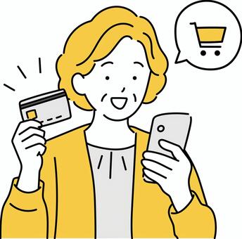 スマホで課金するシニア女性のイラスト シニア,女性,初老,おばあちゃん,スマホ,クレジットカード,課金,買い物,決済,支払いのイラスト素材
