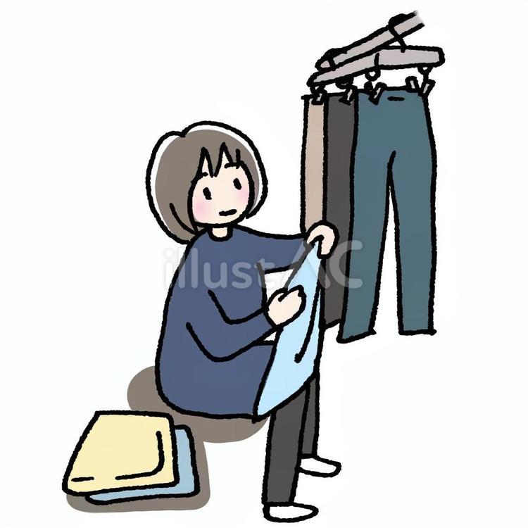 座って洗濯物をたたむ 部屋干し,室内干し,洗濯物のイラスト素材