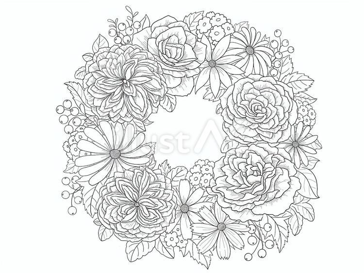 お花のリースのペン画です バラ,花,実のイラスト素材