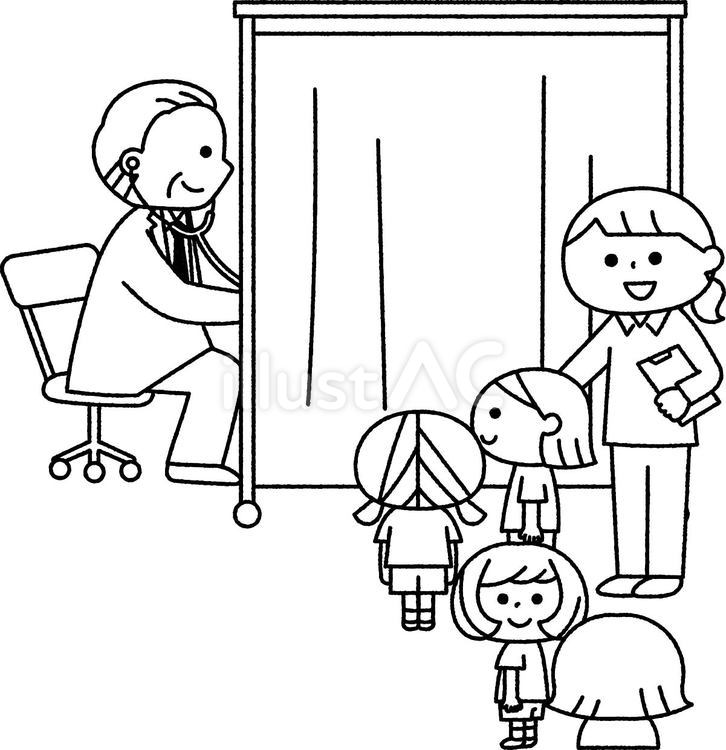 健康診断の順番を待つ子供たちモノクロ 人物,子供,小学生のイラスト素材