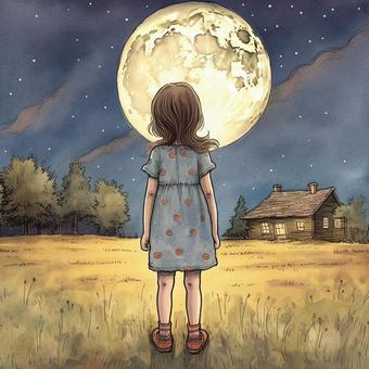 summer girl looking up at the moon, , JPG