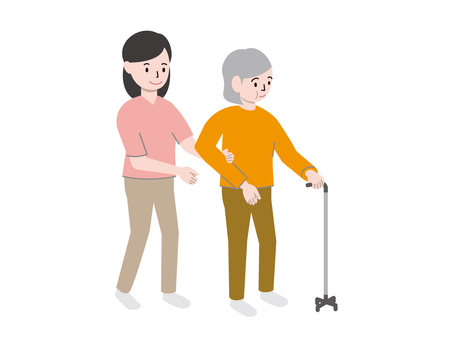 訪問介護　リハビリのイラスト 訪問介護,お年寄り,介護士,女性,歩行リハビリ,医療・福祉のイラスト素材