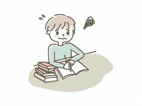 勉強する男の子 勉強,受験,子ども,つらい,難しい,学習,ノート,教科書,資料,本のイラスト素材