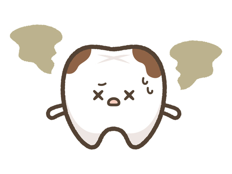 口臭に悩む歯のキャラクター 歯,歯医者,キャラクター,虫歯,歯茎,汚れ,黄ばみ,口臭,悩む,臭いのイラスト素材