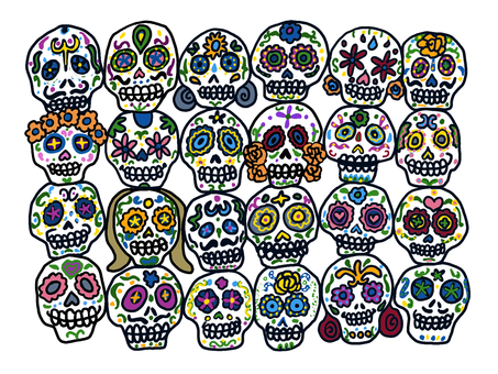 カラベラがいっぱい死者の日 カラベラ,ガイコツ,死者,メキシコ,アミーゴ,祭り,花飾り,にぎやか,表情のイラスト素材