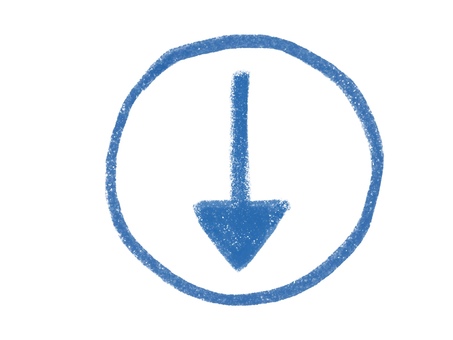 クレヨン風の手描きの下矢印_青 矢印,下,クレヨン,シンプル,アイコン,ワンポイント,青,単体,手書き,色鉛筆のイラスト素材