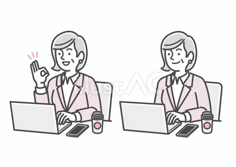 パソコンを操作するシニアの女性の会社員 パソコン,オンライン,会社員のイラスト素材
