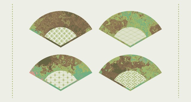 マーブル和柄の扇子モチーフセット マーブル,扇,扇子,デザイン,エレメント,和柄,流体,リキッド,緑,グリーンのイラスト素材