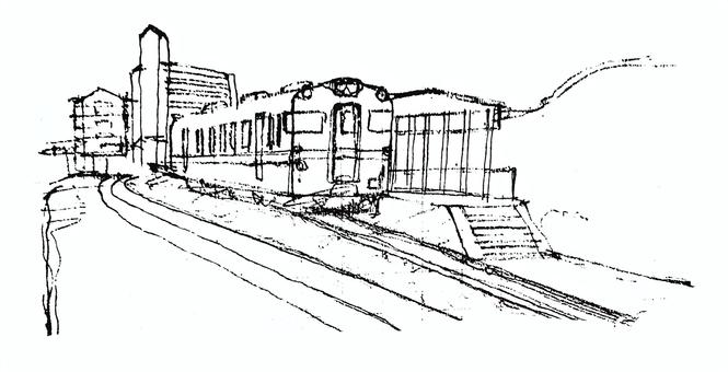 電車の風景スケッチ（線） 装飾,あしらい,素材,モノクロ,駅,ホーム,電車,乗り物,交通,通勤のイラスト素材