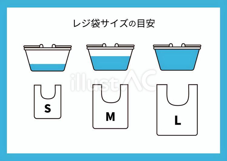 レジかごとレジ袋のサイズイメージ s,m,lのイラスト素材