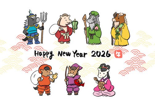 年賀状：午年七福神（背景模様あり） 午年,七福神,縁起物,神様,年賀状,大黒天,恵比寿,弁財天,毘沙門天,布袋尊のイラスト素材