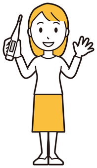  ロングヘア女性(黄)-442-全身 体温計,女性,女の子,人物,かわいい,体温,基礎体温,治療,診察,病院のイラスト素材