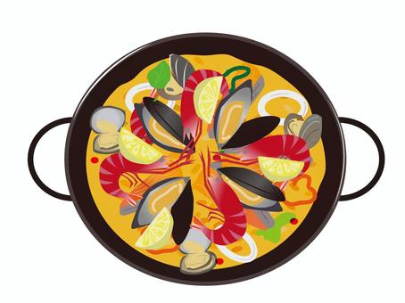 魚介類のパエリア・えび・貝シーフード洋食 パエリア,魚介類,手長エビ,ムール貝,あさり,貝,フライパン,ライス,洋食,ごはんのイラスト素材