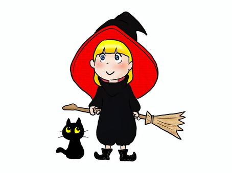 黒い魔女っ子 人物,こども,女の子,魔女,帽子,黒,ホウキ,動物,ネコ,黒猫のイラスト素材