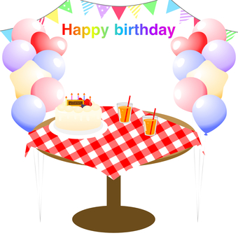 パーティのテーブルセット　誕生日 パーティー,ケーキ,イチゴ,ホール,食べ物,ジュース,洋菓子,お祝い,イベント,記念日のイラスト素材