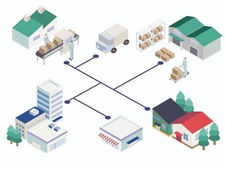 運送業のアイソメイラスト 運送,配送,輸送,配達,配送センター,荷物,段ボール,届ける,物流,家のイラスト素材