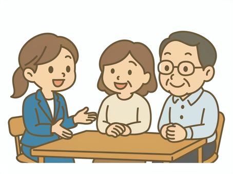 シニア夫婦とビジネスレディー 高齢者,ビジネスマン,夫婦,ケアマネ,女性,アドバイス,相談,勧誘,営業,説明のイラスト素材