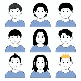 シンプルな男性人物アイコン 髪型 9種類 人物,アイコン,髪型,男性,プロフィール,セット,顔,キャラクター,シンプル,ビジネスのイラスト素材