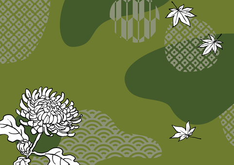 菊と紅葉の和モダン濃い抹茶色背景素材 和モダン,モダン,和風,和柄,菊,モミジ,花,植物,葉,葉っぱのイラスト素材