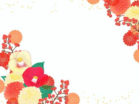 紅白椿の和風フレーム フレーム,横,植物,花,椿,菊,南天,縁起物,正月,手描きのイラスト素材