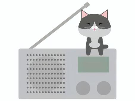 ラジオ_猫 ラジオ,猫,はちわれ,笑顔,動物,かわいい,防災のイラスト素材