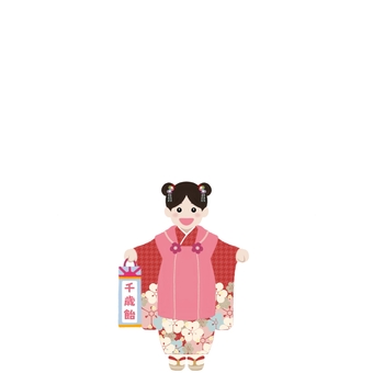 七五三　三歳　女の子 七五三,３歳,女の子,全身,着物,千歳飴,ツインテール,笑顔のイラスト素材