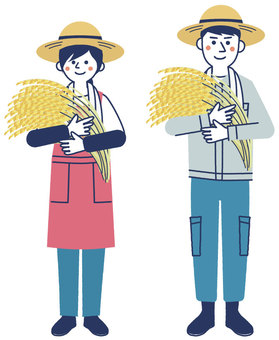 米農家さん 米農家,農家,稲,米,作業服,仕事,男性,女性,夫婦,カップルのイラスト素材
