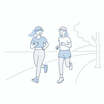 屋外を走る二人の女性全身イラスト素材 人物,女性,ランニング,走る,運動,スポーツ,健康,社会人,全身,白背景のイラスト素材