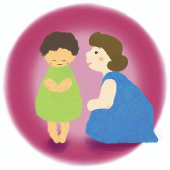 しゃがむ女性×モジモジするこども こども,お母さん,ママ,優しい,モジモジ,恥ずかしい,困る,言えない,親子,先生のイラスト素材