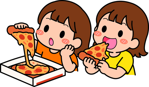 黄色系のピザの女子です。 ピザ,シンプル,食べる,食事,ファストフード,テイクアウト,笑顔,幸せ,食べ物,昼食のイラスト素材