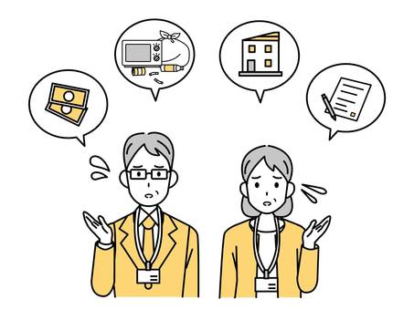 困った表情をした市役所職員 職員,公務員,注意,不法投棄,ゴミ,困る,トラブル,説明,話す,教えるのイラスト素材