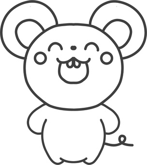 笑顔のかわいいねずみのイラスト 動物,ネズミ,ねずみ,鼠,線画,主線,白黒,モノクロ,塗り絵,ぬりえのイラスト素材