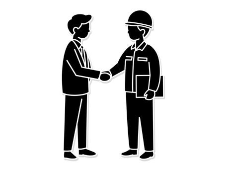 会社員と建設業作業員が握手したアイコン ビジネスマン,会社員,サラリーマン,作業員,握手,建設業,異業種,協業,連携,協力のイラスト素材