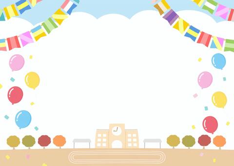 楽しい運動会の背景イラスト04 運動会,秋,背景,フレーム,旗,手描き,テント,小学校,小学生,応援のイラスト素材