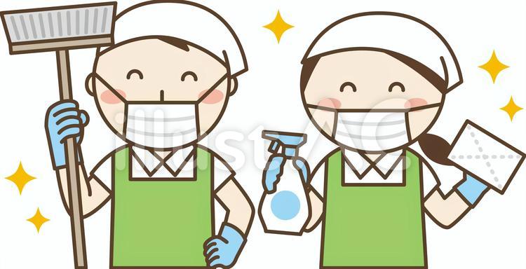感染症対策にマスクで清掃する男女スタッフ 清掃,清掃員,掃除のイラスト素材