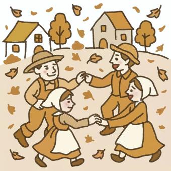 秋の広場でフォークダンス 秋,紅葉,落ち葉,家,建物,木,村人,広場,住民,人々のイラスト素材