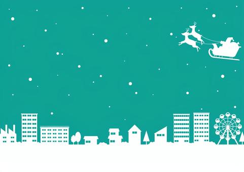 雪が降る可愛い街並みとサンタクロース クリスマス,冬,雪,サンタクロース,トナカイ,そり,街,家,ビル,オフィスのイラスト素材