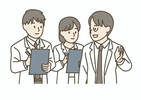 白衣で話し合う医師たちのチーム 医師,ドクター,白衣,会議,相談,議論,チーム,連携,医療,指導のイラスト素材