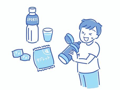 熱中症対策のため水分補給する男の子 熱中症対策,水分補給,スポーツ飲料,塩タブレット,飴,水筒,男の子のイラスト素材