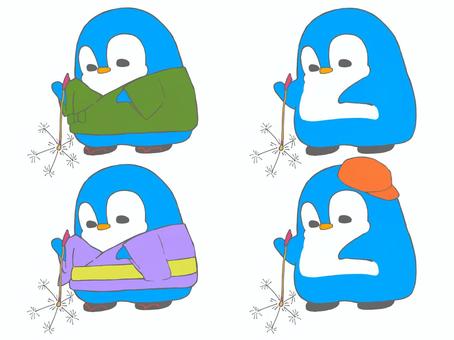 Illustration, penguin, sparkler feux d'artifice, jinbei, 